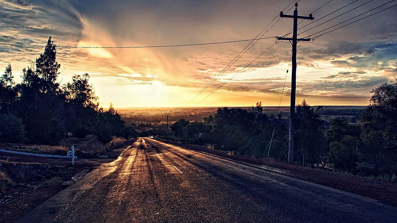 rural road down to a sunset, sundown, electric lines, road, clouds, HD wallpaper