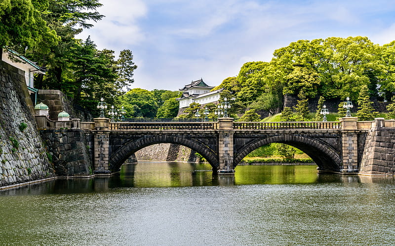 Edo Castle, Chiyoda Castle, Tokyo Imperial Palace, Chiyoda, Tokyo, stone bridge, spring, japanese palace, Tokyo landmark, japan, HD wallpaper