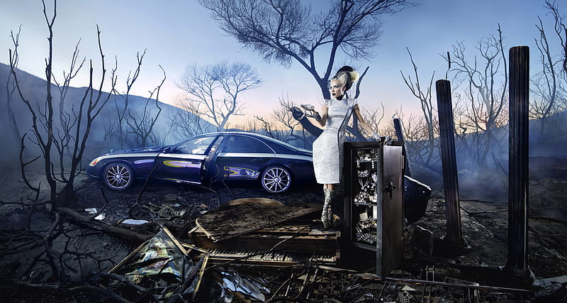 wreckage, female, model, car, maybach, woman, HD wallpaper