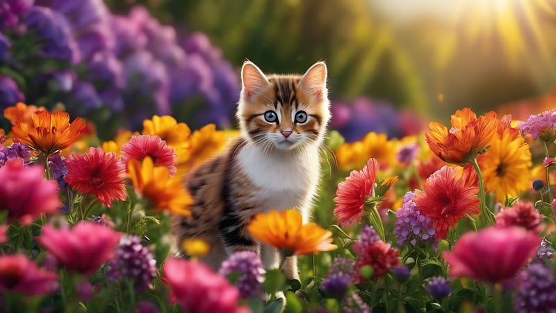 Small Cat in a beautiful flower field, novenyzet, viragmezo, termeszet, vadviragok, napfeny, kis macska, szines viragok, elenk szinek, HD wallpaper