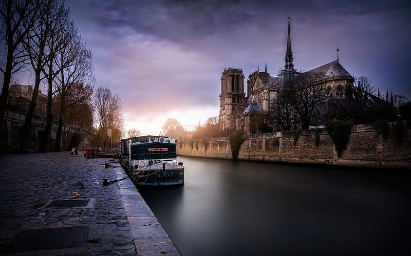 Notre-Dame de Paris, evening, Paris, landmark, river, sunset, France, Notre-Dame Cathedral, HD wallpaper