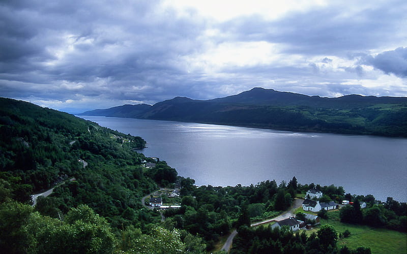 Loch Ness, inverness, highlands, trees, clouds, lake, loch, nessie, blue sky, scotland, ness, HD wallpaper