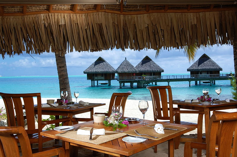 Bora Bora Beach Resort, sand, water, restaurant, white, cabins, sea, HD wallpaper