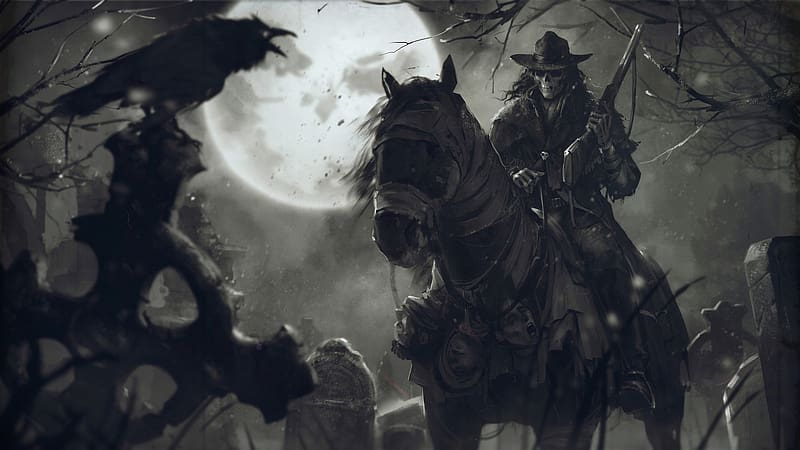Men, Night, Moon, Dark, Horse, Hat, Crow, Skull, Cowboy, Rifle, HD wallpaper