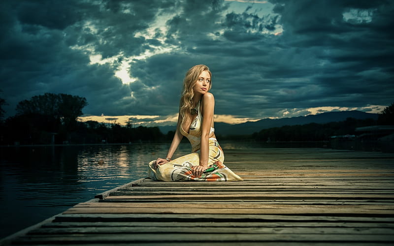 Girl Alone Sitting Near Lake, girls, model, alone, lake, HD wallpaper