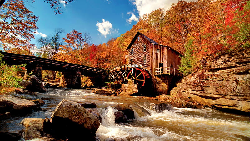 Watermill at the Babcock State Park, West Virginia, river, autumn, trees, landscape, rocks, usa, HD wallpaper