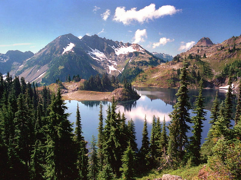 Hart Lake in the Heart of the olympic mountain, mountain, tree, sky, lake, HD wallpaper