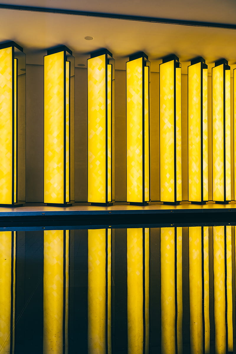 columns, glow, architecture, light, yellow, HD phone wallpaper