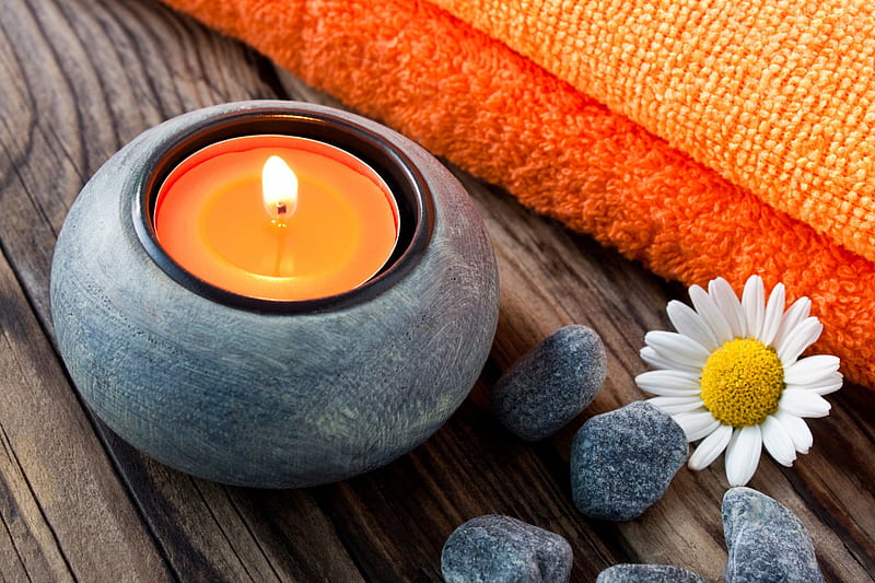 Serenity, candle, stones, gray, orange, towels, daisy, HD wallpaper