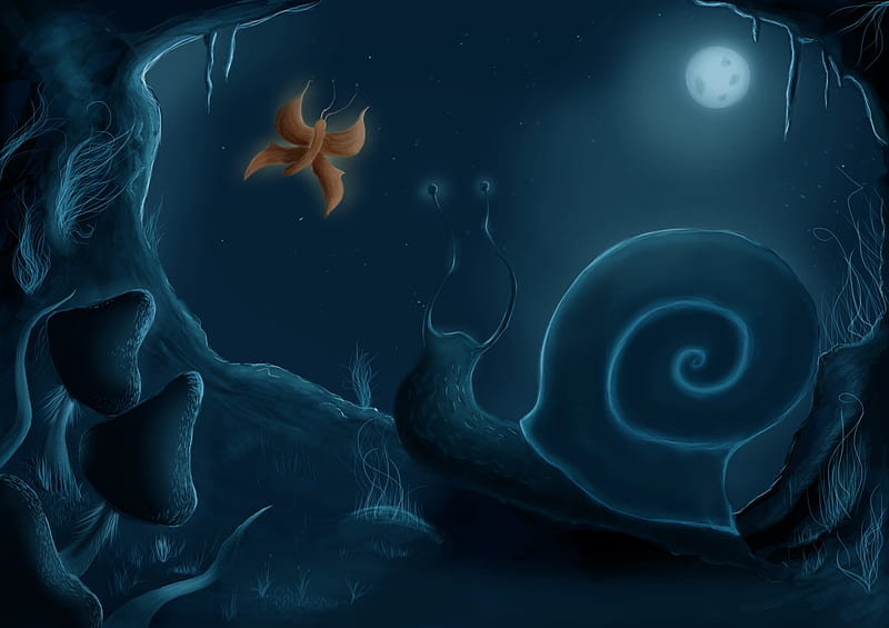Snail in the moonlight, snail, luminos, butterfly, night, daniela esterova, mushroom, silhouette, moon, fantasy, melc, HD wallpaper