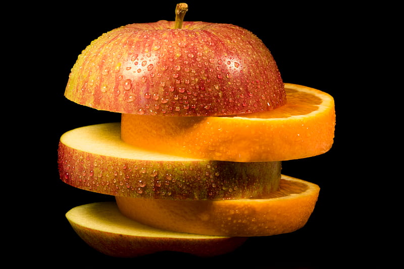apple, orange, slices, drops, fruits, food, HD wallpaper