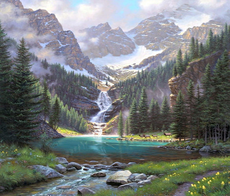 Mountain And Waterfall, Water, Mountains, Deer, Waterfall, Nature, HD wallpaper