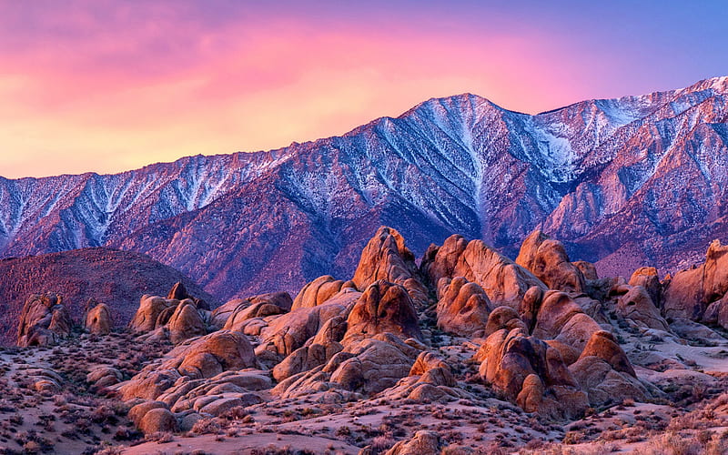 Alabama Hills, red rocks, evening, sunset, mountain landscape, Eastern Sierra, Inyo County, California, USA, HD wallpaper