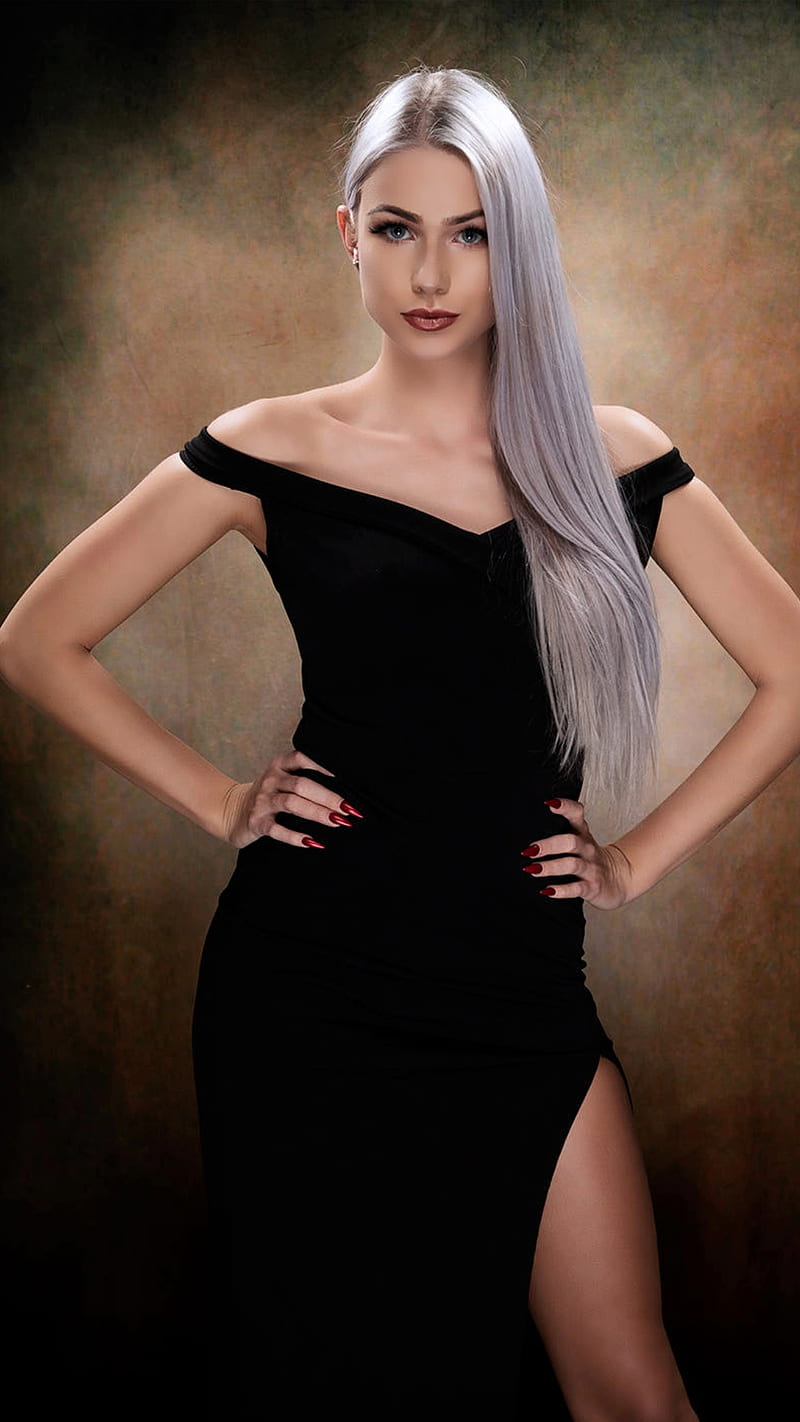 Nice white hair, bonito, beauty, black dress, elegant, girl, gorgeous  portrait, HD phone wallpaper | Peakpx