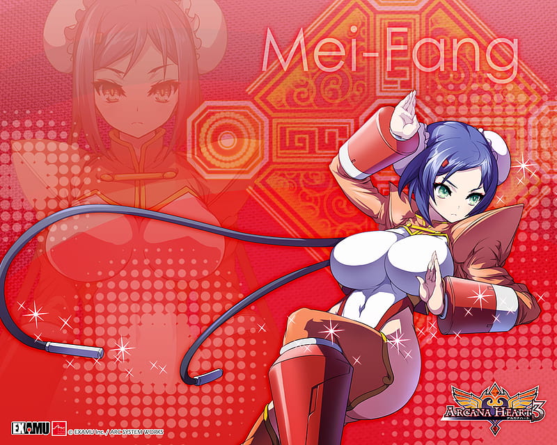 Mei-Fang, red, orange, magic, robot, martial arts, blue, arcana, mei fang, black, android, spirit, fire, lattice, arcana heart 3, heart, wire, white, HD wallpaper