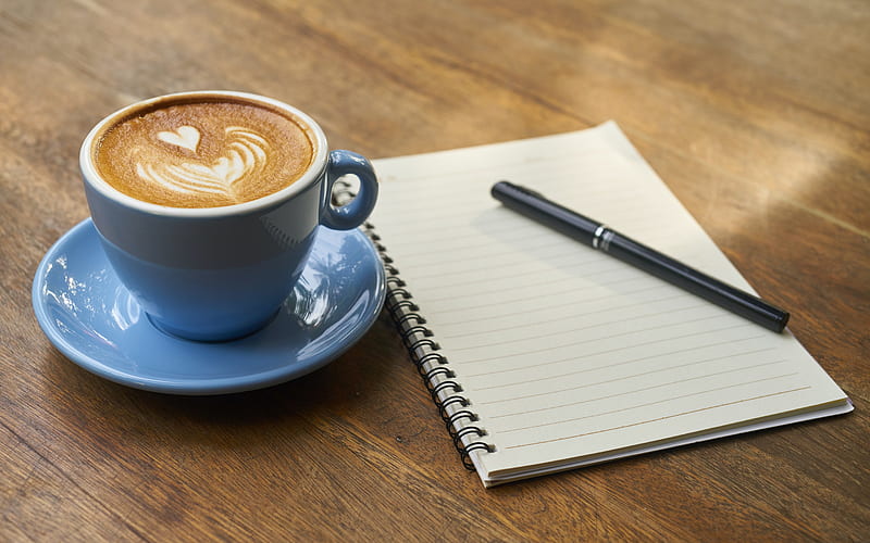 latte art, cup of coffee, latte art heart, notepad, blue cup, illustration on coffee, HD wallpaper
