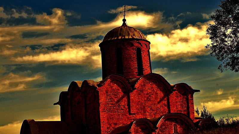 glorious red brisk orthodox church r, orthodox, red brick, dome, r, church, clouds, HD wallpaper