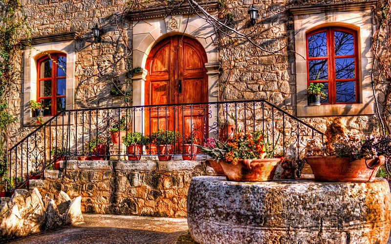 Stone Built Home, architecture, fence, shadow, country, door, living, windows, stones, pottery, bunch, plants, wood, HD wallpaper