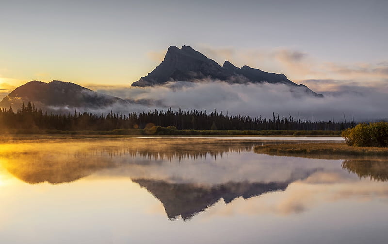 Lakes, Lake, Canadian Rockies, Fog, Reflection, HD wallpaper