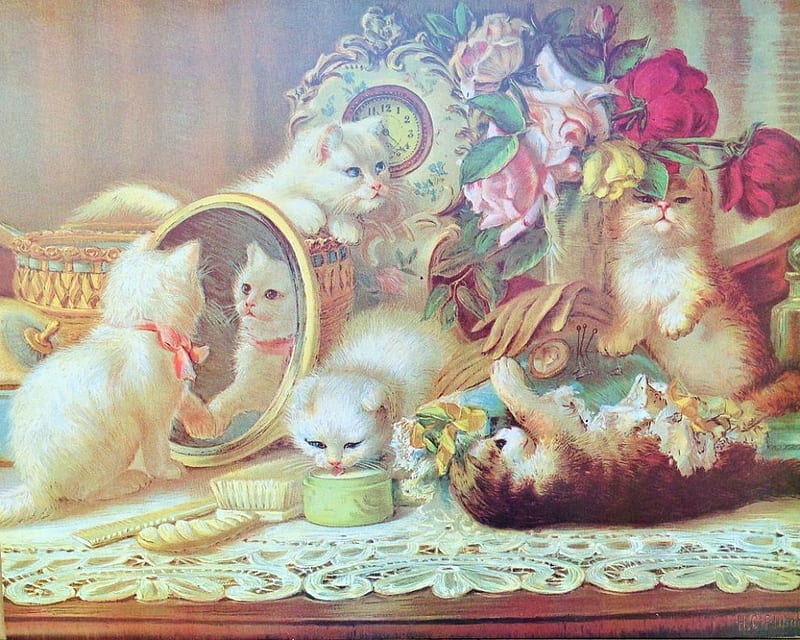 Kittens, art, cat, cute, painting, mirror, stuff, room, kitten, pictura, pink, pisica, vintage, HD wallpaper