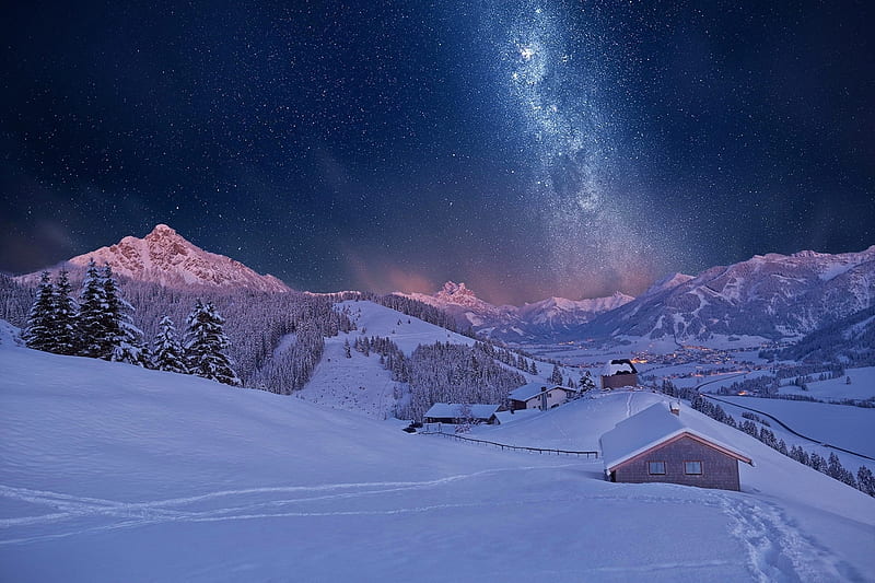 Starry Sky over Snowy Landscape, Stars, Mountains, Sky, Landscapes, Snow, Nature, Winter, HD wallpaper
