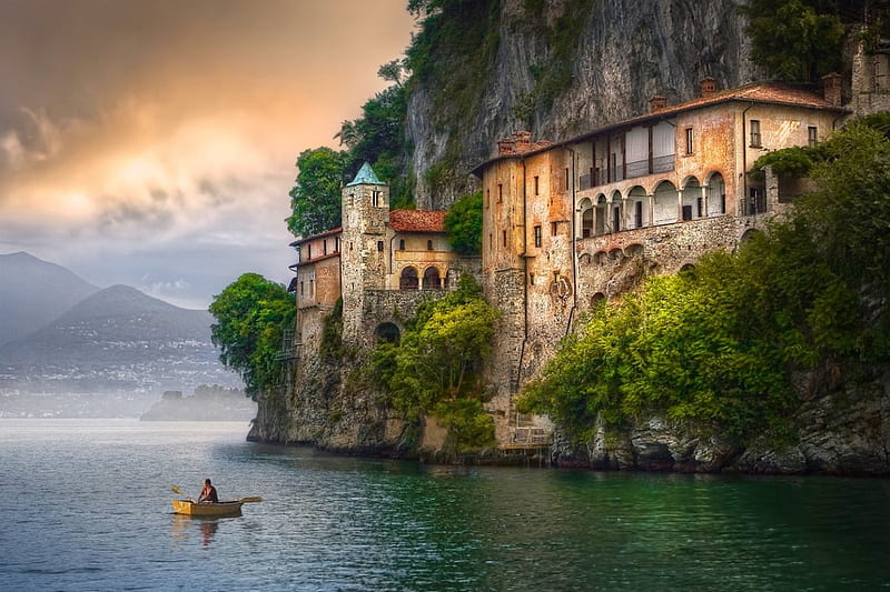 Hermitage Of Santa Catarina At Lake Maggiore, ancient, Italy, bonito, trees, clouds, lake, mist, monastery, boat, water, cliffs, hermitage, HD wallpaper