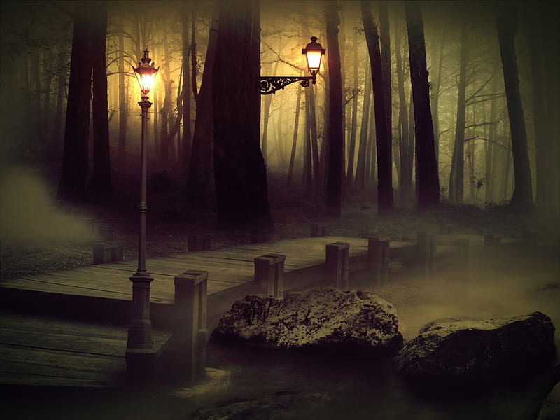 Mystical Forest, mystical, forest, rocks, bridge, trees, lamp posts, lights, fog, HD wallpaper
