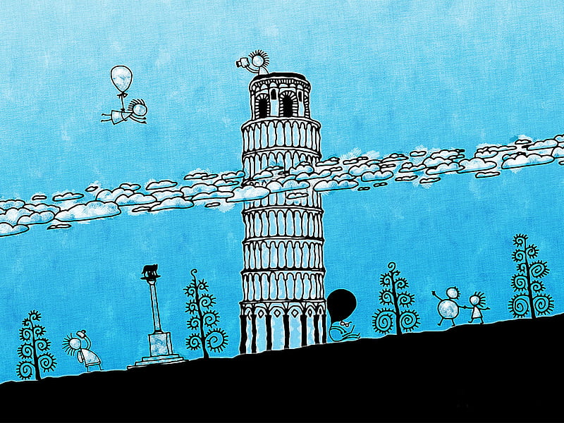 Perfect Pisa, tower, pisa, black, white, blue, HD wallpaper