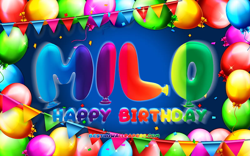 Happy Birtay Milo colorful balloon frame, Milo name, blue background, Milo Happy Birtay, Milo Birtay, popular french male names, Birtay concept, Milo, HD wallpaper