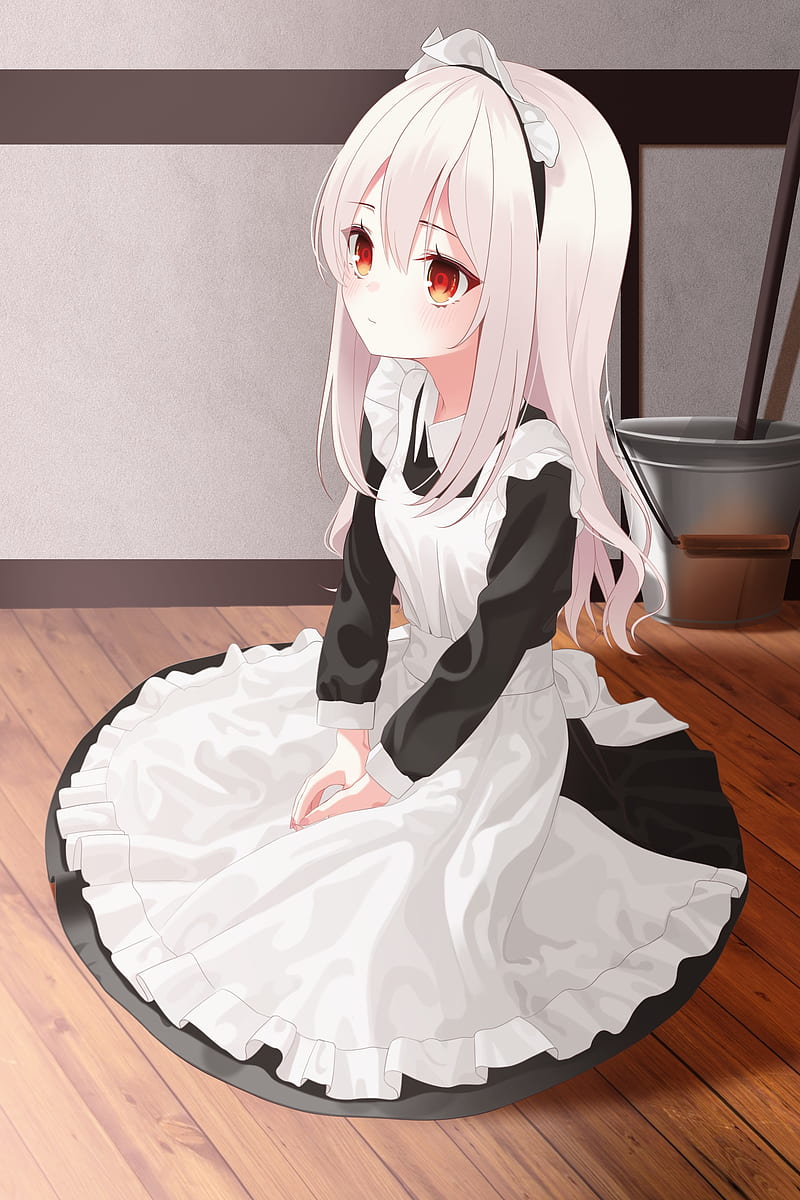 Anime maid girl, white hair, red eyes, sitting, loli, cute, Anime, HD phone  wallpaper | Peakpx