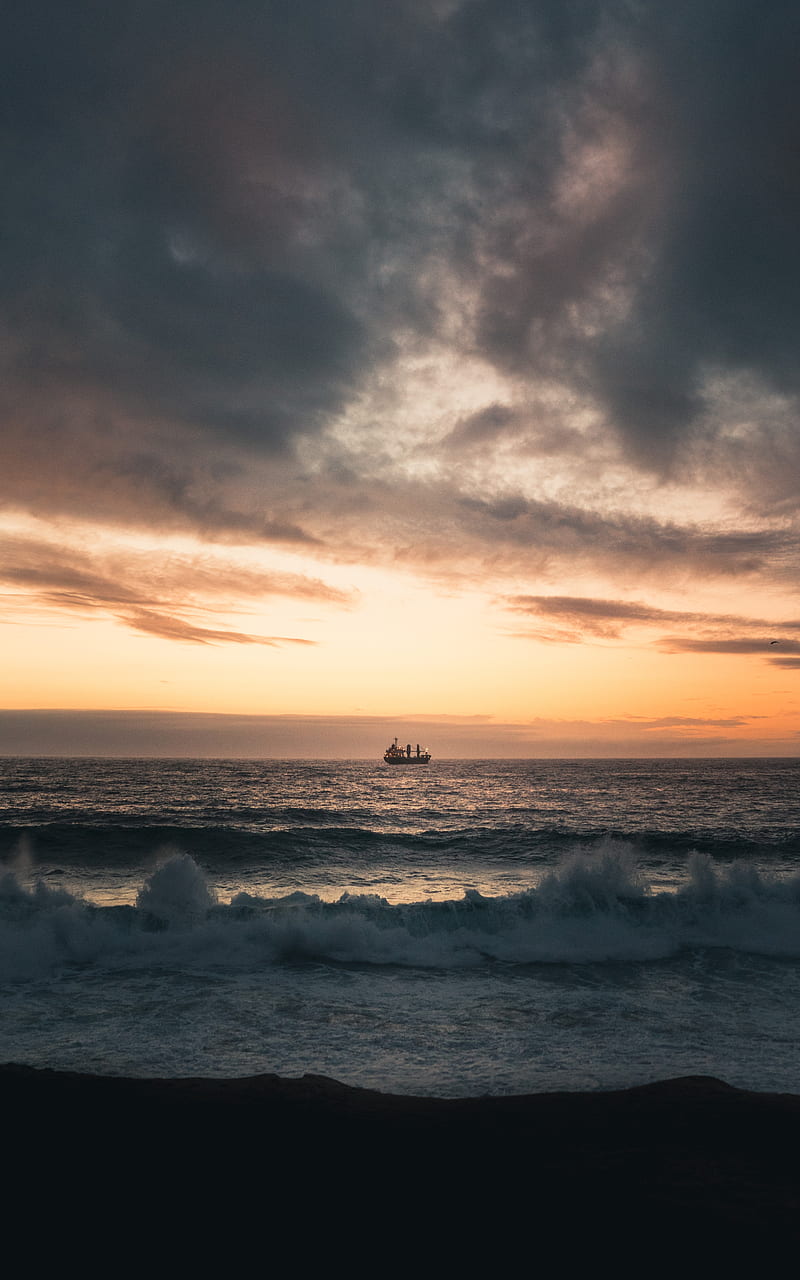 sea, waves, ship, sunset, horizon, HD phone wallpaper