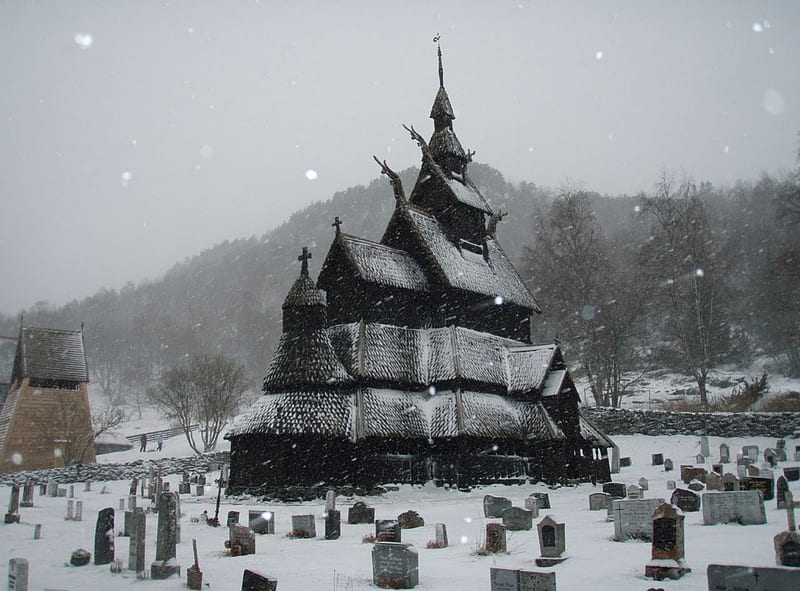 Stavkyrkje, north, snow, church, viking, nordic, norway, HD wallpaper