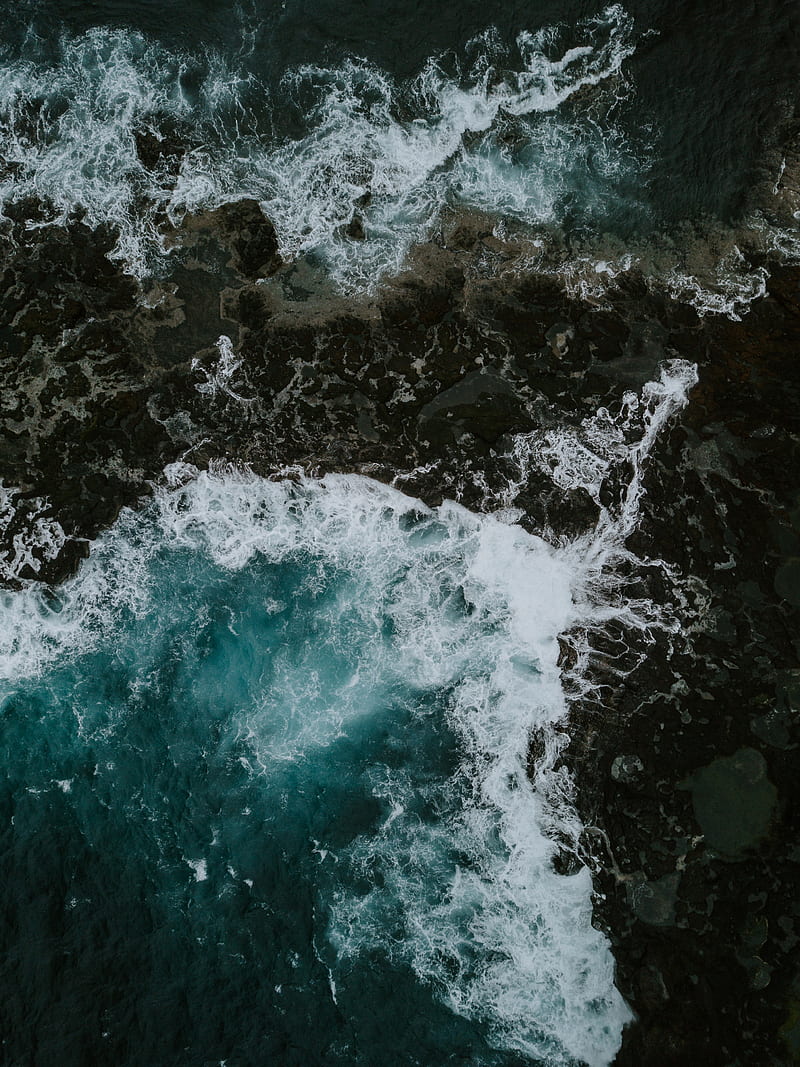 sea, waves, aerial view, stones, shore, HD phone wallpaper