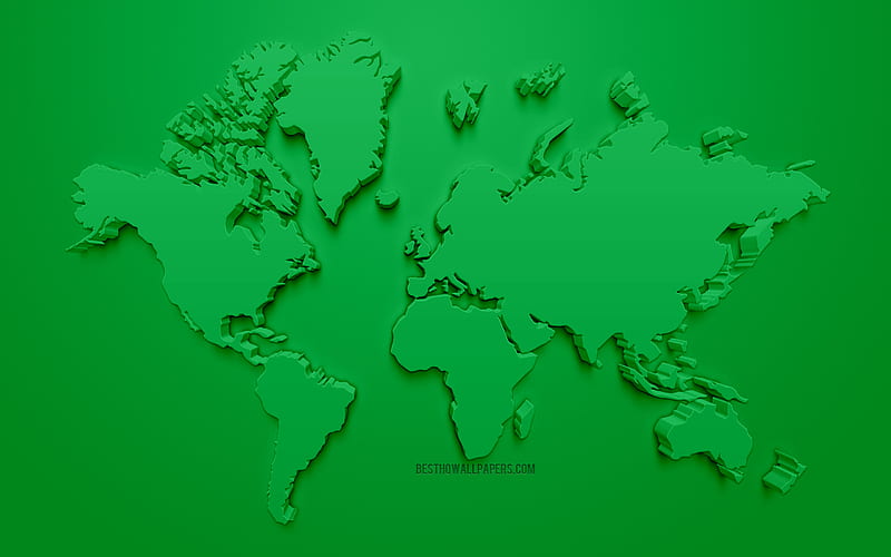 Green 3D world map, green background, ecology concepts, 3d art, creative world map, world maps concepts, HD wallpaper