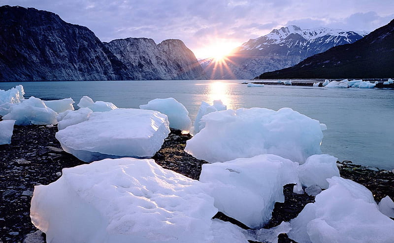 Ice Blocks, mountain, sun, water, chunks of ice, ice, winter, cold, HD wallpaper