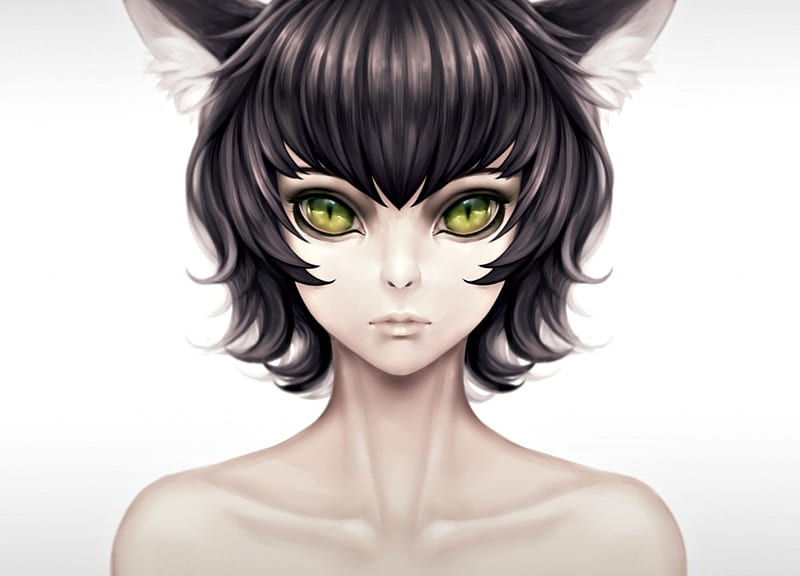 CatGirl, green eyes, manga, black, cat, ling, fantasy, girl, anime, face, white, HD wallpaper