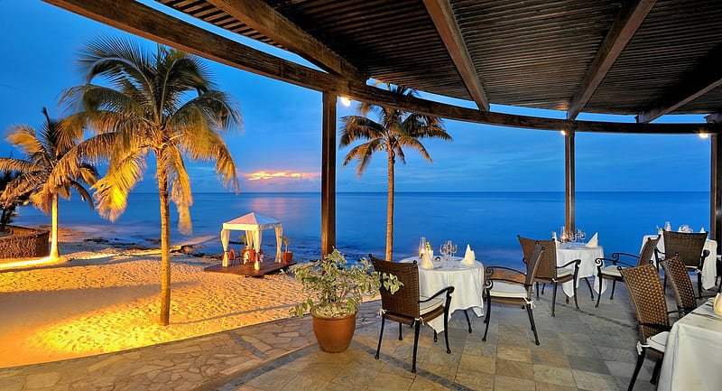 dining on a beach in the tropics at twilight, beach, restaurant, twilight, lights, sea, HD wallpaper