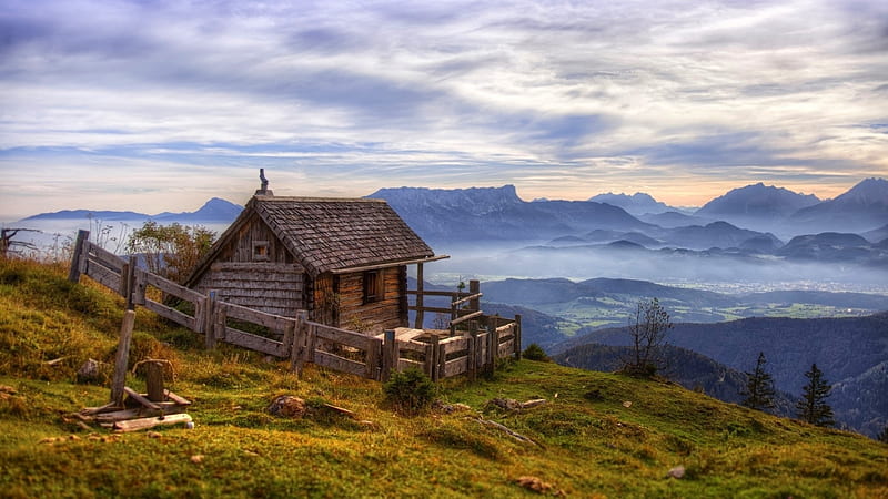 little wood cabin on a mountaintop in austria r, mountain, r, cabin, wood, valley, HD wallpaper