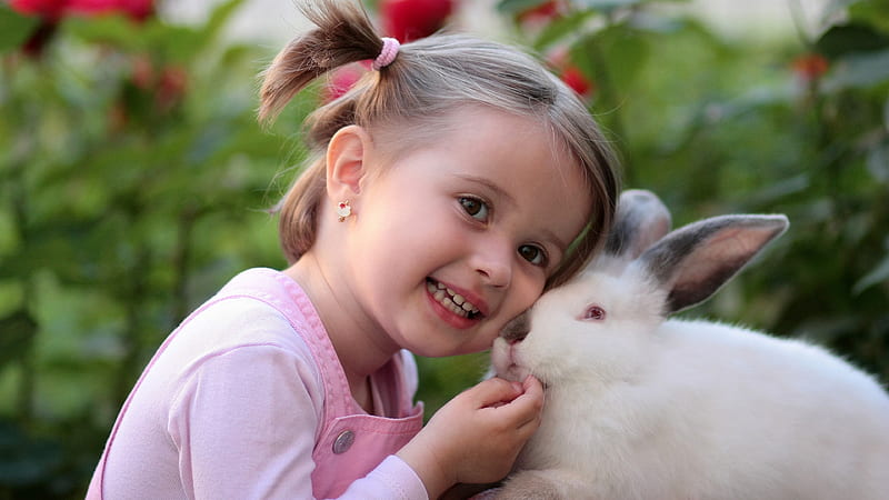 Cute Smiley Baby Girl Is Wearing Pink Dress And Giving A Pose For Having Rabbit In Hand Cute, HD wallpaper