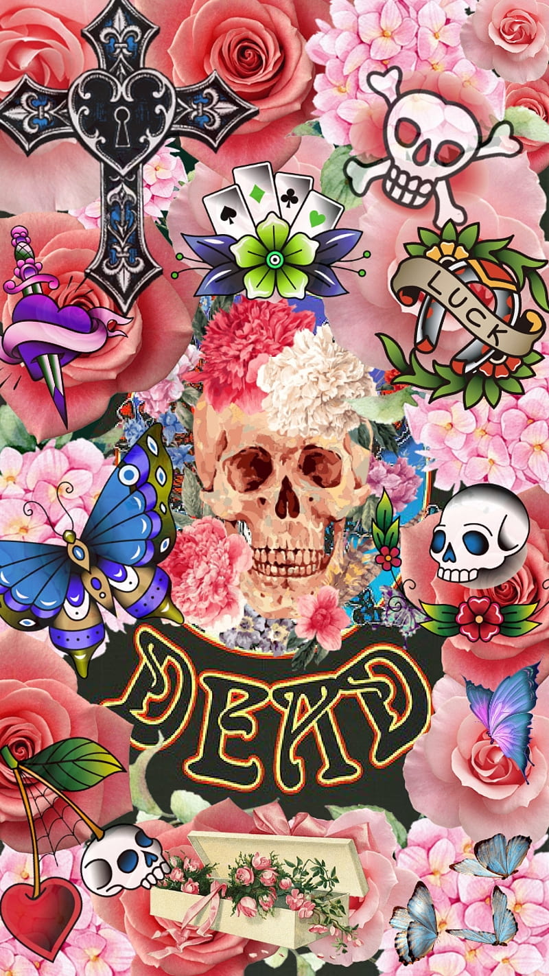 Dead Head, butterflies, cross, flowers, luck, pink, skull, sugar, HD phone wallpaper