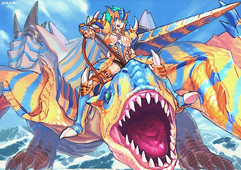 Tigrex Ride Monster Hunter, lance, game, sexy, armor, girl, anime, ice, monster, hunter, psp, HD wallpaper