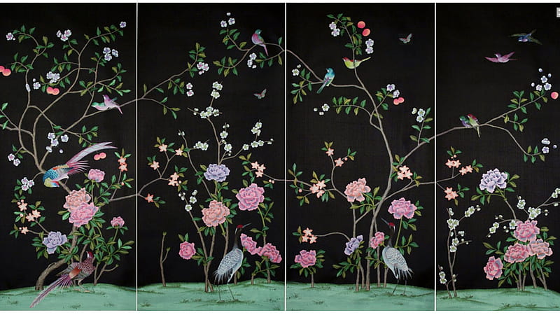 Chinoiserie Black Wall Background Birds Leaves Flowers Chinoiserie, HD wallpaper
