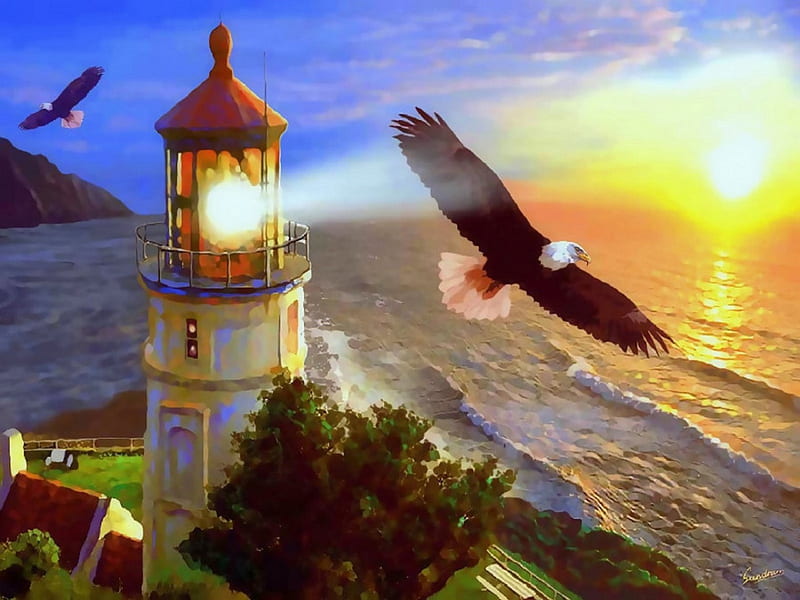 ★Scenic Eagle of Lighting★, architecture, scenic, digital art, seasons, paintings, lighthouses, majestic, animals, eagles, all lighthouses, lighting, love four seasons, creative pre-made, sky, two eagles, flying, summer, HD wallpaper