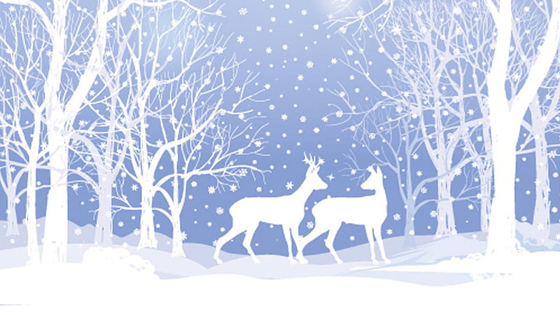 Deer in Blue Forest, forest, snow, silhouettes, grove, trees, blue, winter, HD wallpaper
