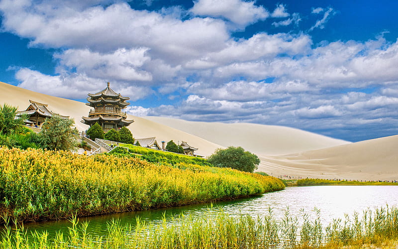 Crescent Lake oasis, beautiful nature, Yueyaquan, Sand Lake, Dunhuang, China, Asia, chinese landmarks, HD wallpaper