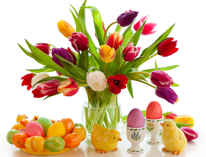 Beautiful arrangement, colorful, Easter, holidays, eggs, flowers, spring, tulips, HD wallpaper