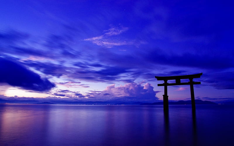 Torii Gate, gate, japan, torii, japanese, purple, ocean, sky, scenery, HD wallpaper