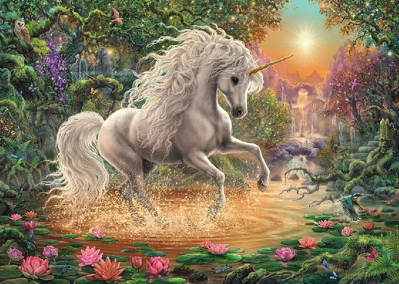 Unicorn's Dance, art, sun, waterlilies, flowers, sunset, horse, waterfalls, HD wallpaper