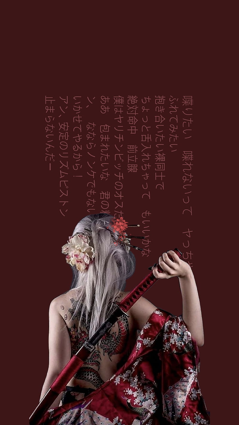Dragon girl, kimono, red, tattoo, japan, katana, white hair, asia, samurai, HD phone wallpaper