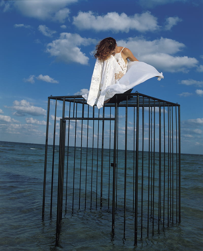 Mylène Farmer, redhead, French, singer, cages, sky, sitting, innamoramento, HD phone wallpaper